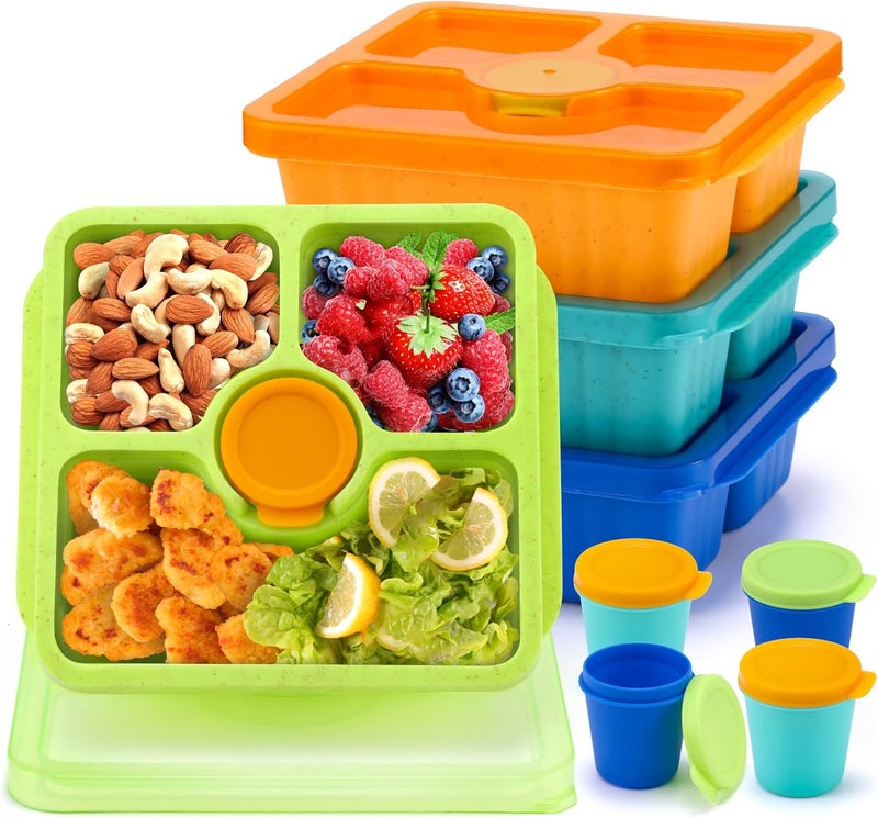 QQKO Bento Snack Boxes for Adults & Kids, Lunchable Meal Prep Containers - 4 Pack Divided Food Storage with Lids, Stackable Lunch Boxes with Sauce Cups, Jewel - Image 1